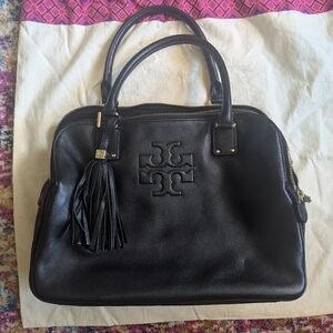 Tory Burch Thea Satchel Tripple Zipper Black Leather Tassel Top Handle Bag